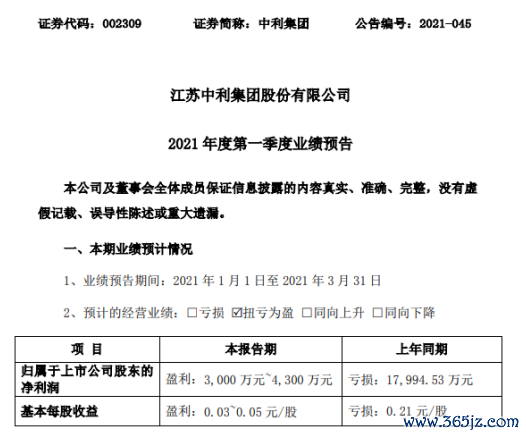 中利集团2021年第一季度瞻望净利3000万-4300万 公司经营收复浅近